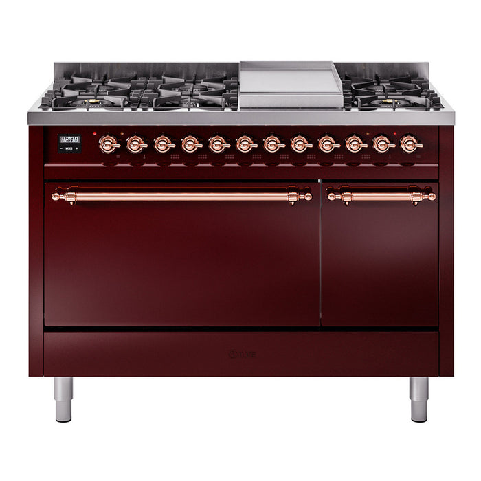 ILVE Nostalgie II 48" Dual Fuel Range with 8 Sealed Burners + Griddle Solid Door - UP48FQNMP