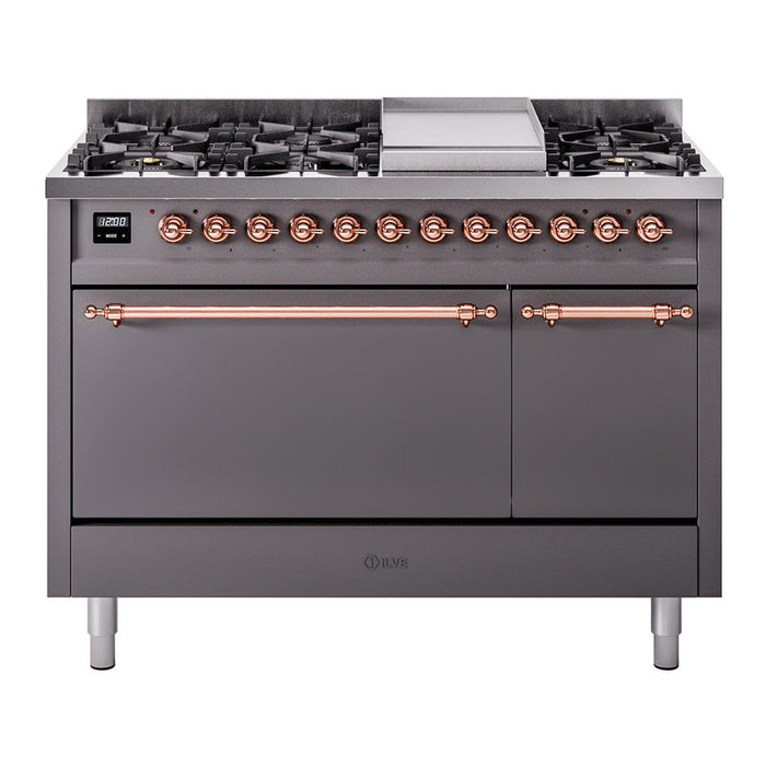 ILVE Nostalgie II 48" Dual Fuel Range with 8 Sealed Burners + Griddle Solid Door - UP48FQNMP