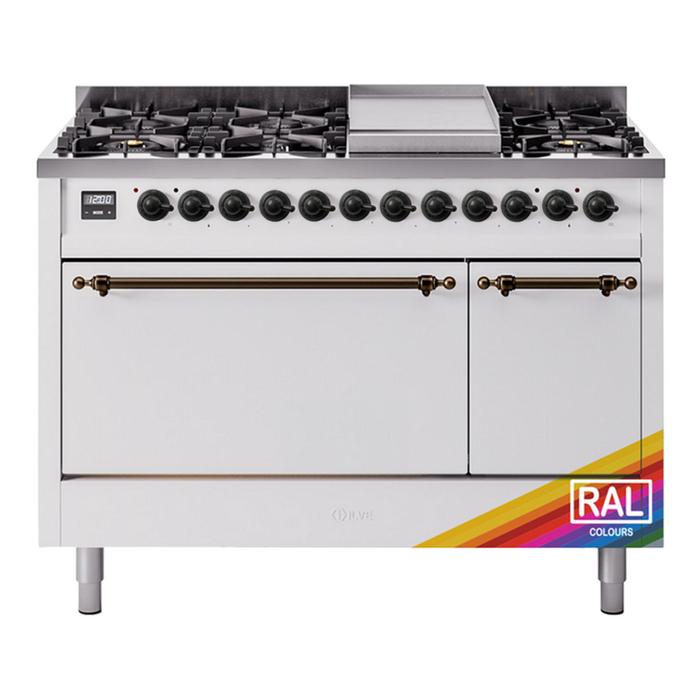 ILVE Nostalgie II 48" Dual Fuel Range with 8 Sealed Burners + Griddle Solid Door - UP48FQNMP
