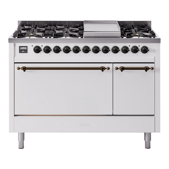 ILVE Nostalgie II 48" Dual Fuel Range with 8 Sealed Burners + Griddle Solid Door - UP48FQNMP