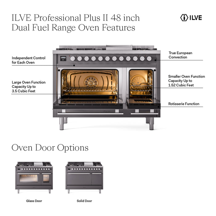 ILVE Professional Plus II 48" Dual Fuel Range with 5 Sealed Burners + Griddle + French Top Solid Door - UP48FSQMP