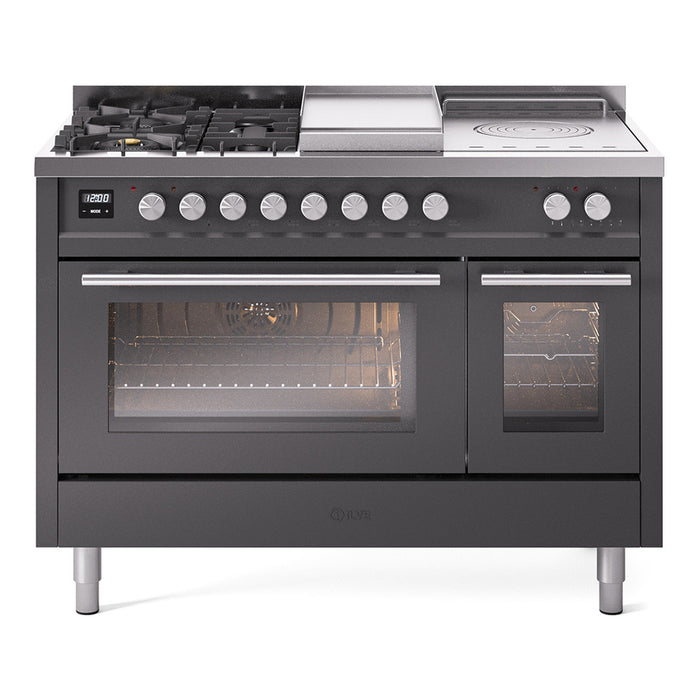 ILVE Professional Plus II 48" Dual Fuel Range with 5 Sealed Burners Griddle French Top Triple Glass Door - UP48FSWMP