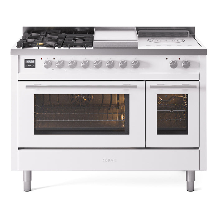 ILVE Professional Plus II 48" Dual Fuel Range with 5 Sealed Burners Griddle French Top Triple Glass Door - UP48FSWMP