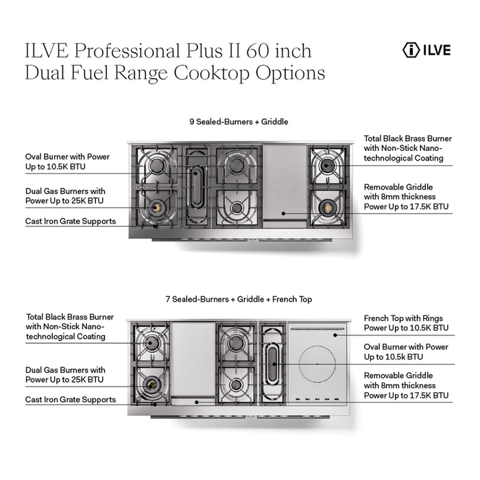 ILVE Professional Plus II 60" Dual Fuel Range with 9 Sealed Burners + Griddle Solid Door - UP60FQMP