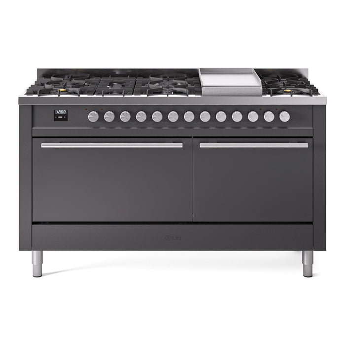 ILVE Professional Plus II 60" Dual Fuel Range with 9 Sealed Burners + Griddle Solid Door - UP60FQMP