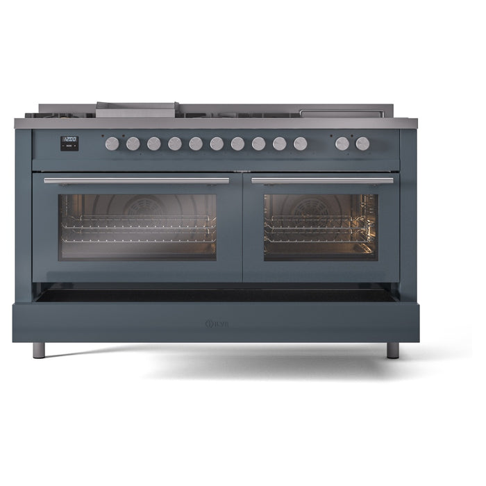 ILVE Professional Plus II 60" Dual Fuel Range with 7 Sealed Burners + Griddle + French Top Solid Door - UP60FSQMP