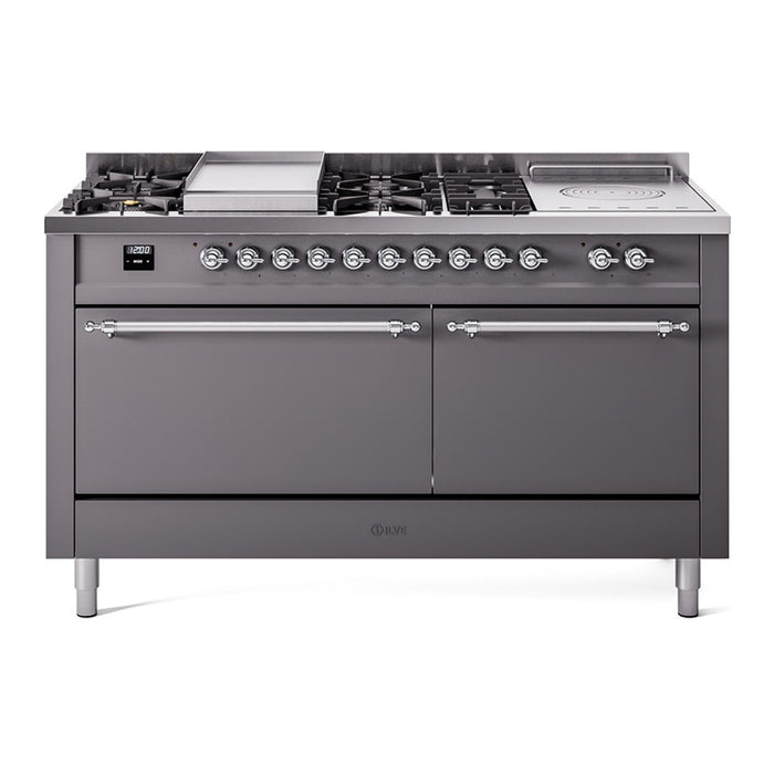 ILVE Nostalgie II 60" Dual Fuel Range with 7 Sealed Burners + Griddle + French Top Solid Door - UP60FSQNMP