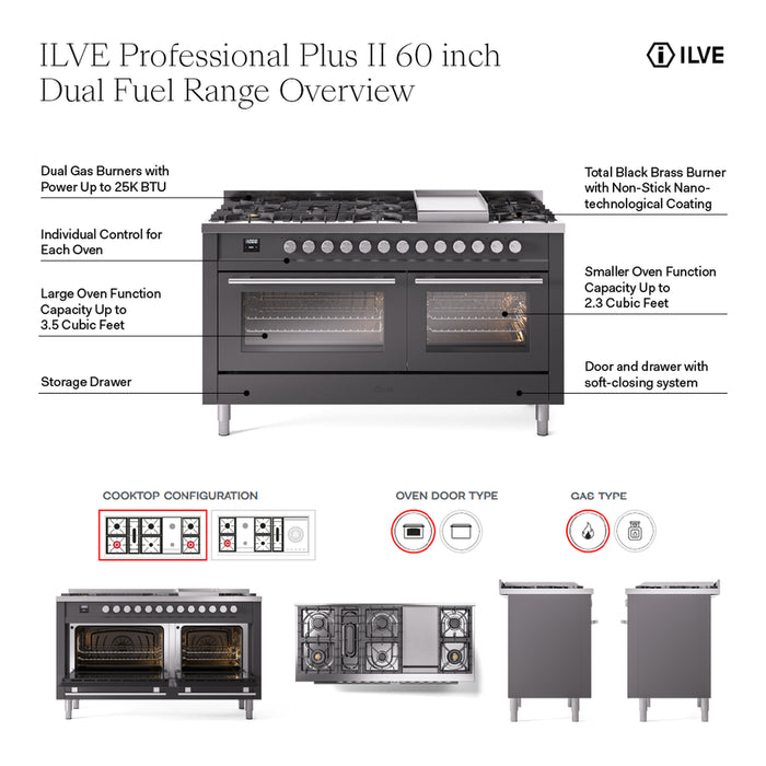 ILVE Professional Plus 60" Dual Fuel Range with 9 Sealed Burners w/Griddle Triple Glass Door - UP60FWMP
