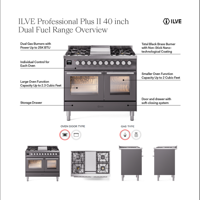 ILVE Professional Plus II 40" Dual Fuel Range with 6 Sealed Burners + Griddle Solid Door - UPD40FQMP