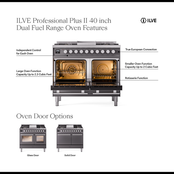 ILVE Professional Plus II 40-Inch Freestanding Dual Fuel Range with 6 Sealed Burner - UPD40FWMP