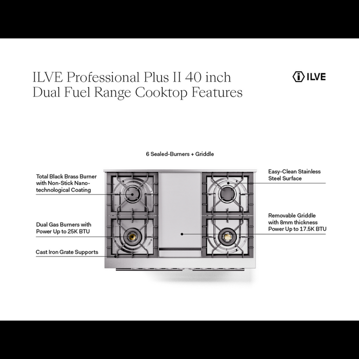 ILVE Professional Plus II 40-Inch Freestanding Dual Fuel Range with 6 Sealed Burner - UPD40FWMP