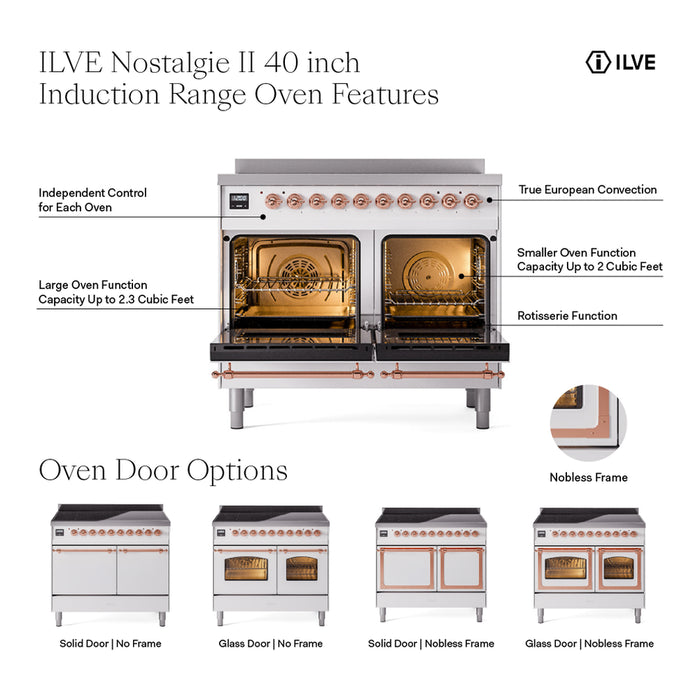 ILVE 40" Nostalgie II Series Freestanding Electric Double Oven Range with 6 Elements, Triple Glass Cool Door, Convection Oven, TFT Oven Control Display and Child Lock - UPDI406NMP