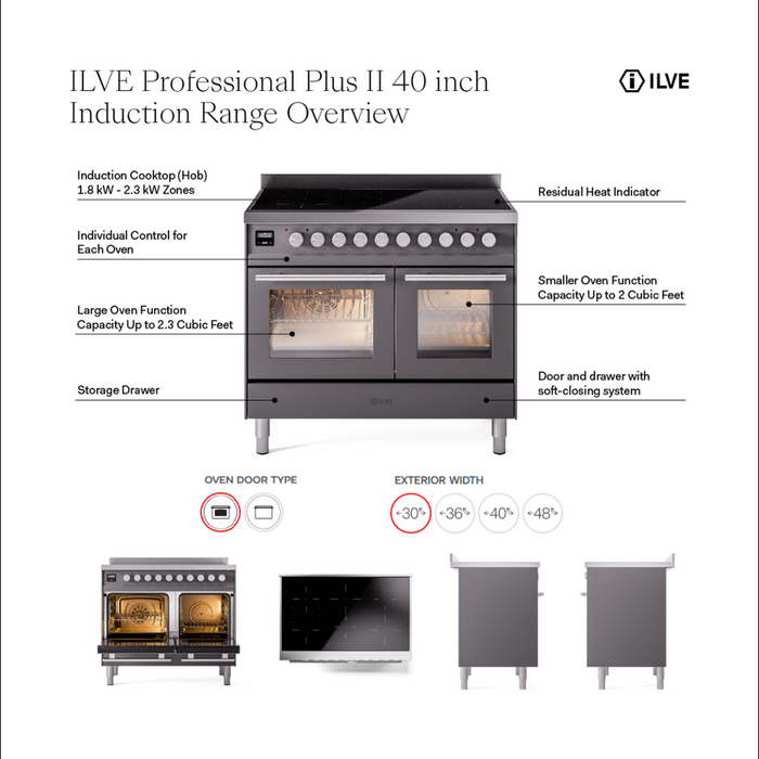 ILVE Professional Plus II 40" Electric Range with 6 Induction Elements Solid Door with Stainless Steel knobs - UPDI406QMP