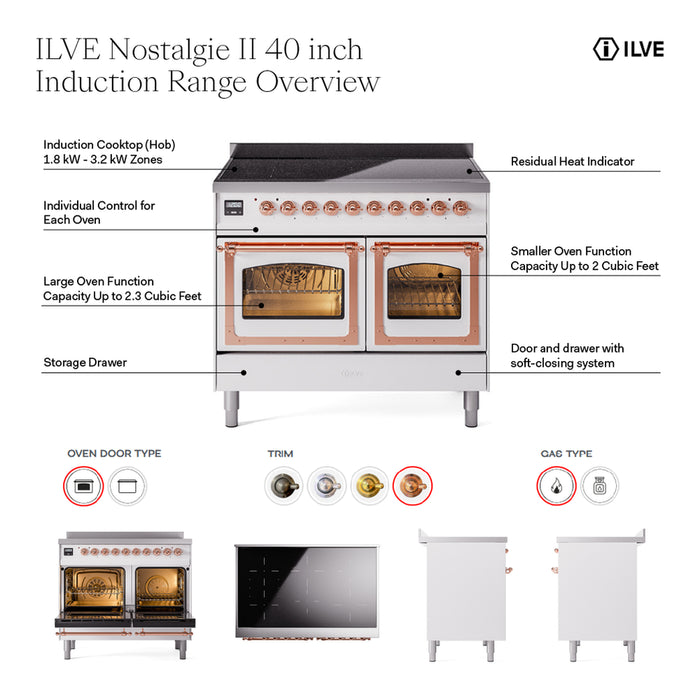 ILVE Nostalgie II 40" Electric Range with 6 Induction Elements Solid Door - UPDI406QNMP