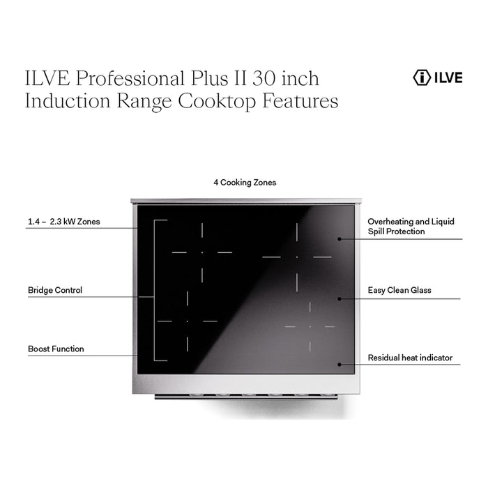 ILVE Professional Plus II 30" Electric Range with 4 Induction Elements Solid Door with Stainless Steel knobs - UPI304QMP