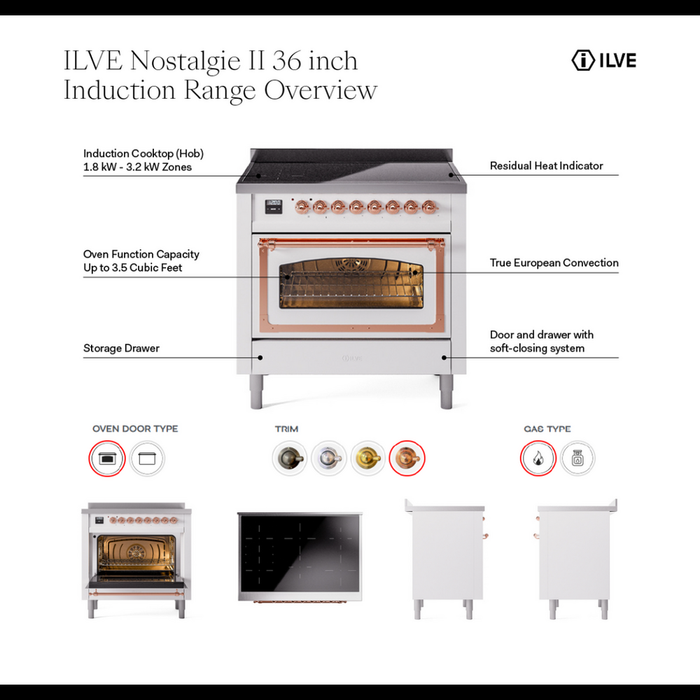 ILVE 36" Nostalgie II Series Freestanding Electric Double Oven Range with 5 Elements, Triple Glass Cool Door, Convection Oven, TFT Oven Control Display and Child Lock - UPI366NMP