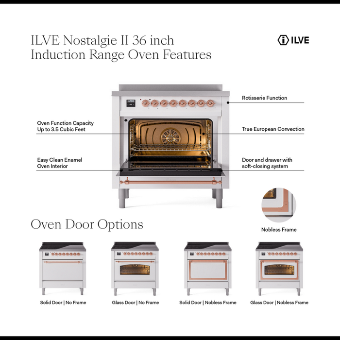 ILVE 36" Nostalgie II Series Freestanding Electric Double Oven Range with 5 Elements, Triple Glass Cool Door, Convection Oven, TFT Oven Control Display and Child Lock - UPI366NMP