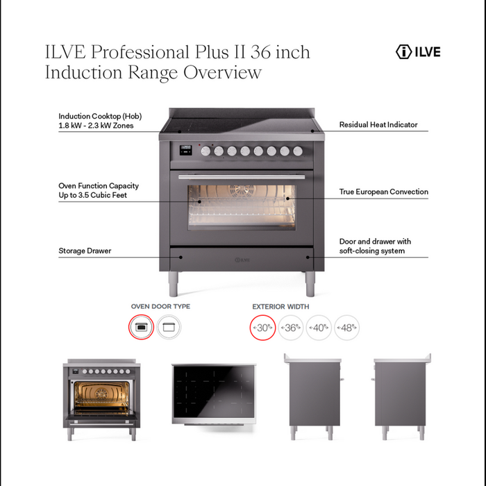 ILVE Professional Plus II 36" Electric Range with 6 Induction Elements Solid Door with Stainless Steel knobs - UPI366QMP