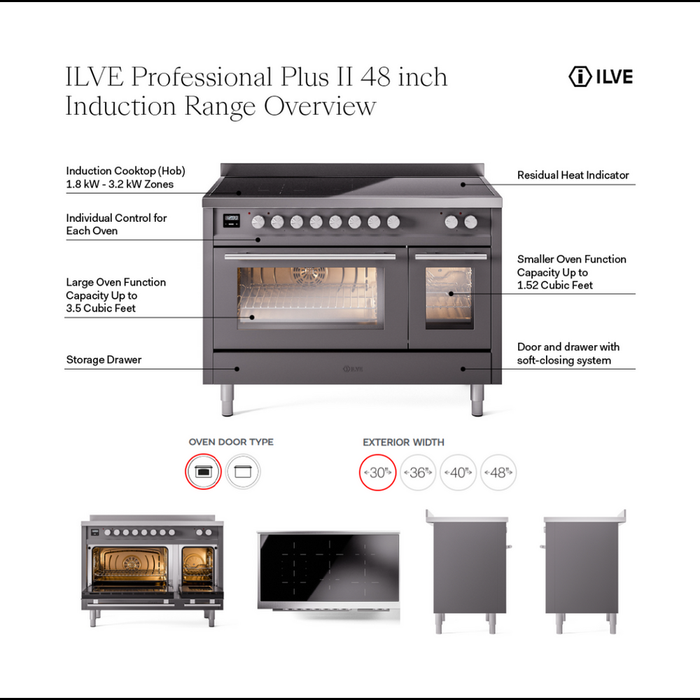 ILVE Professional Plus II 48" Electric Range with 6 Induction Elements Solid Door with Stainless Steel knobs - UPI486QMP