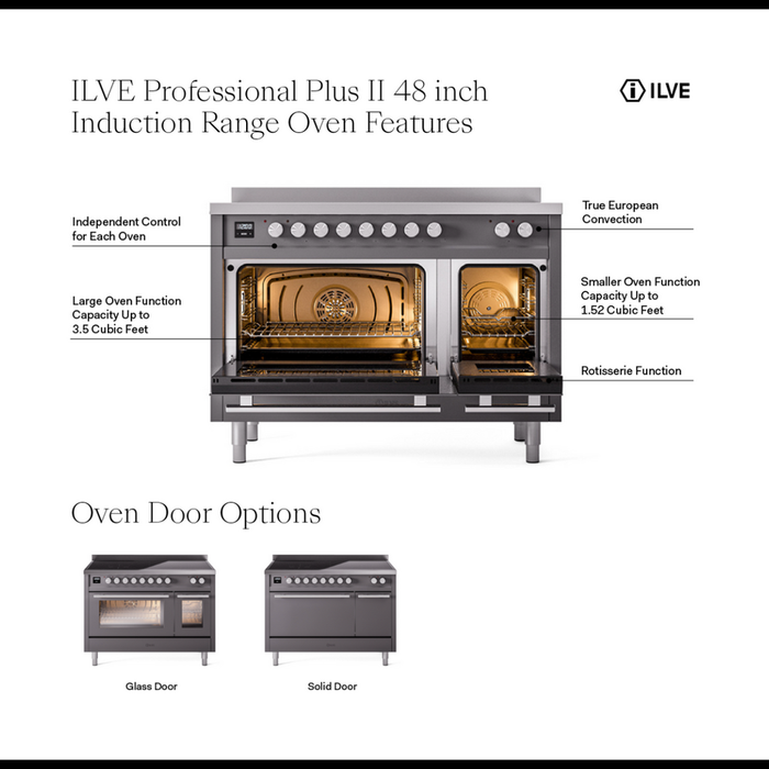 ILVE 48" Professional Plus II Series Freestanding Electric Double Oven Range with 8 Elements, Triple Glass Cool Door, Convection Oven, TFT Oven Control Display and Child Lock - UPI486WMP