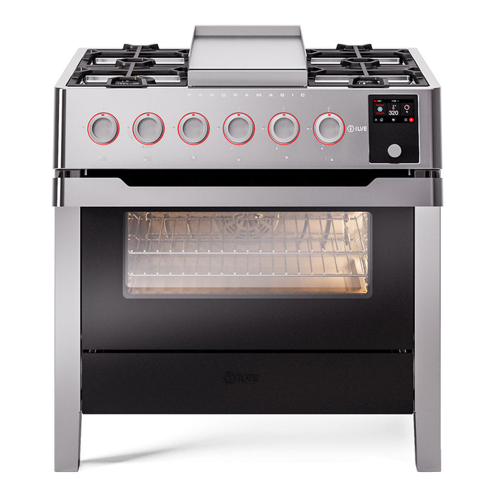 ILVE 36" Panoramagic Freestanding Single Oven Dual Fuel Range with 5 Sealed Burners and Griddle - UPM09FDS3