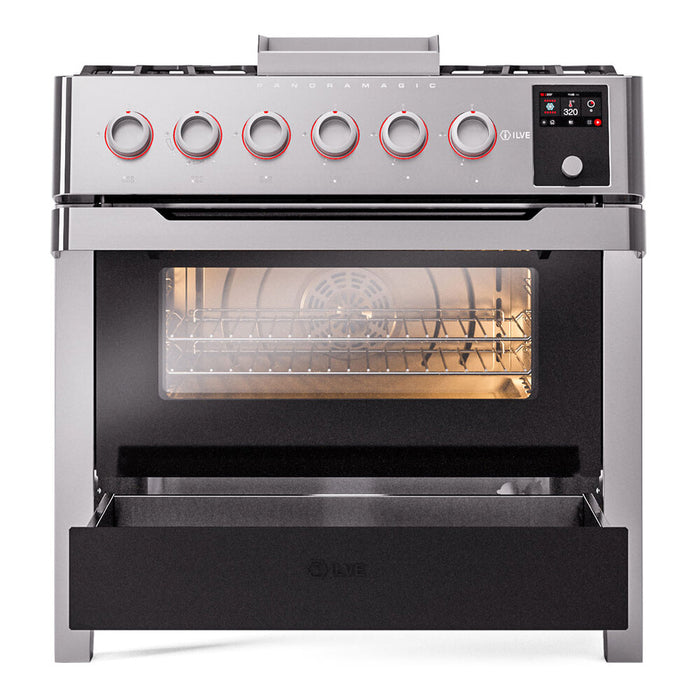 ILVE 36" Panoramagic Freestanding Single Oven Dual Fuel Range with 5 Sealed Burners and Griddle - UPM09FDS3