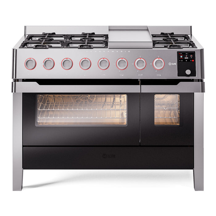 ILVE 48" Panoramagic Series Freestanding Double Oven Dual Fuel Range with 8 Sealed Burners and Griddle - UPM12FDS3