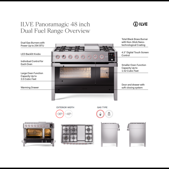 ILVE 48" Panoramagic Series Freestanding Double Oven Dual Fuel Range with 8 Sealed Burners and Griddle - UPM12FDS3