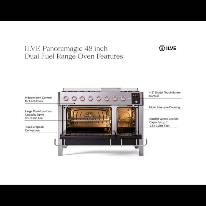 ILVE 48" Panoramagic Series Freestanding Double Oven Dual Fuel Range with 8 Sealed Burners and Griddle - UPM12FDS3