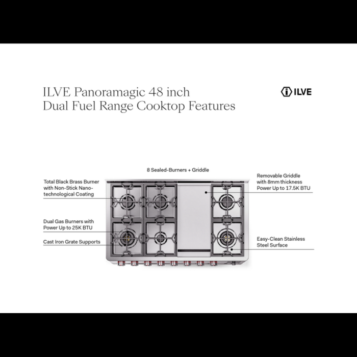 ILVE 48" Panoramagic Series Freestanding Double Oven Dual Fuel Range with 8 Sealed Burners and Griddle - UPM12FDS3