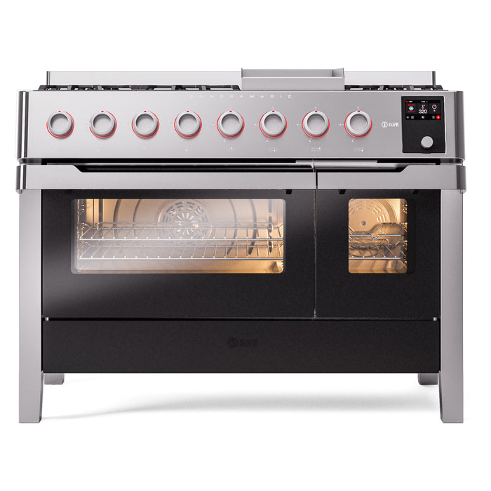 ILVE 48" Panoramagic Series Freestanding Double Oven Dual Fuel Range with 8 Sealed Burners and Griddle - UPM12FDS3