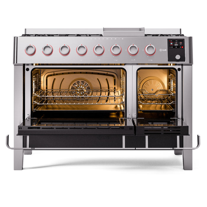 ILVE 48" Panoramagic Series Freestanding Double Oven Dual Fuel Range with 8 Sealed Burners and Griddle - UPM12FDS3