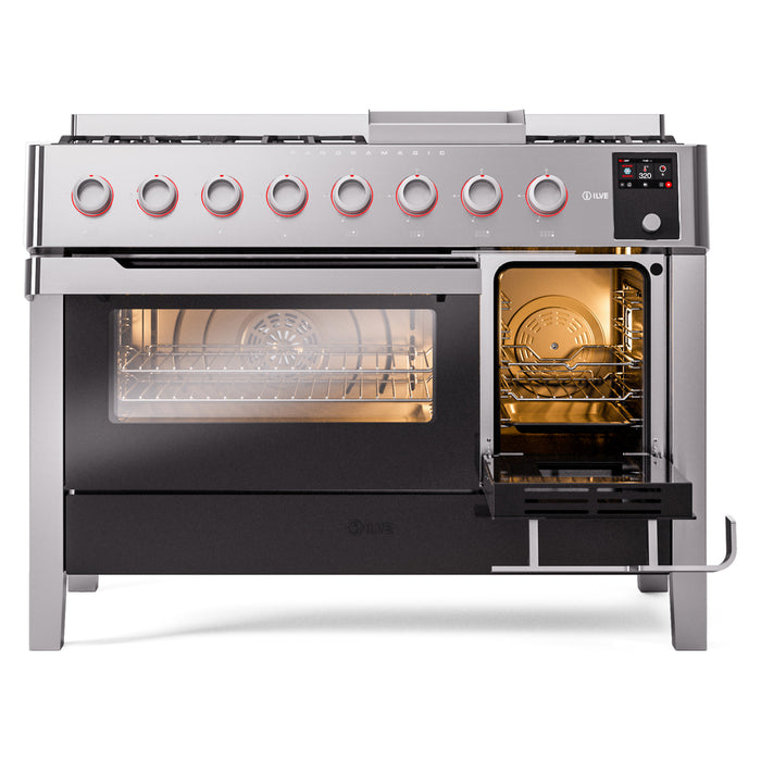 ILVE 48" Panoramagic Series Freestanding Double Oven Dual Fuel Range with 8 Sealed Burners and Griddle - UPM12FDS3