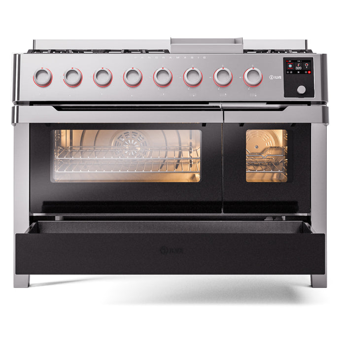 ILVE 48" Panoramagic Series Freestanding Double Oven Dual Fuel Range with 8 Sealed Burners and Griddle - UPM12FDS3