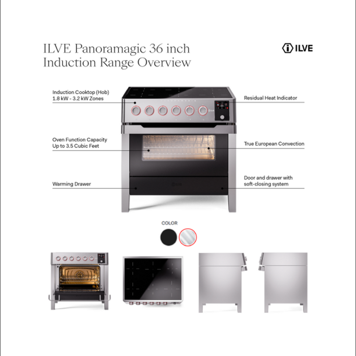 ILVE 36"Panoramagic Series Freestanding Electric Double Oven Range with 5 Elements, Triple Glass Cool Door, Convection Oven, TFT - UPMI09S3