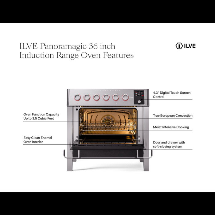 ILVE 36"Panoramagic Series Freestanding Electric Double Oven Range with 5 Elements, Triple Glass Cool Door, Convection Oven, TFT - UPMI09S3