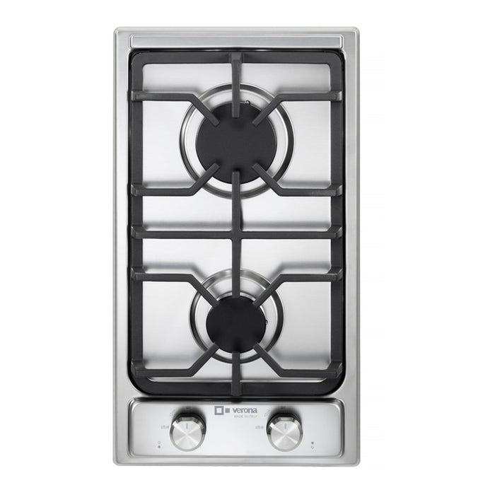 Verona VDGCT212FSS 12 inch Italian-Made Gas Cooktop with 2 Brass Burners and Continuous Cast Iron Grates in Stainless Steel