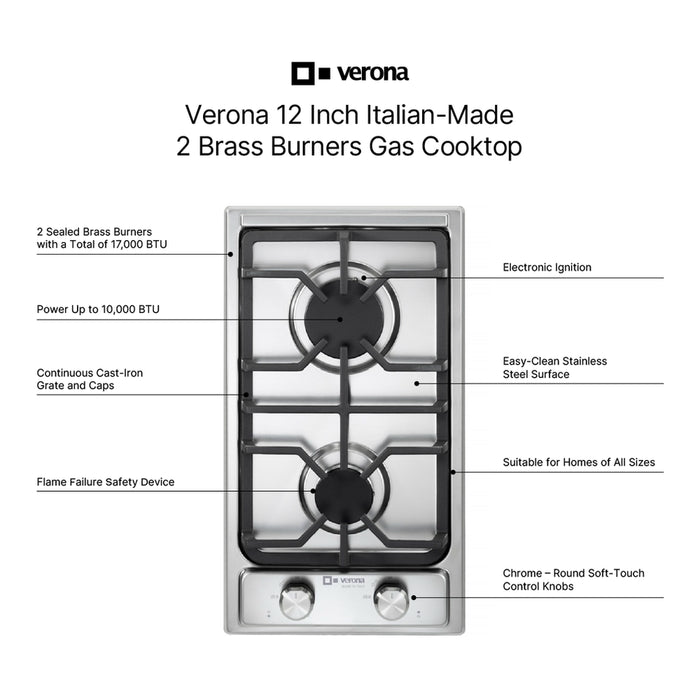Verona VDGCT212FSS 12 inch Italian-Made Gas Cooktop with 2 Brass Burners and Continuous Cast Iron Grates in Stainless Steel