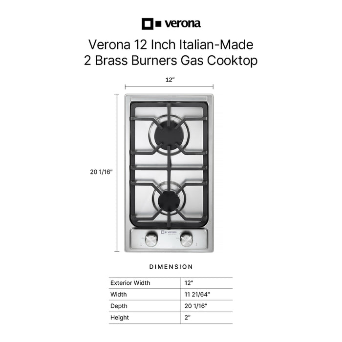 Verona VDGCT212FSS 12 inch Italian-Made Gas Cooktop with 2 Brass Burners and Continuous Cast Iron Grates in Stainless Steel