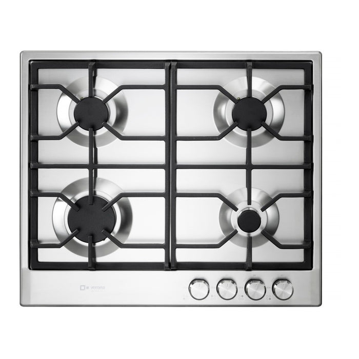 Verona VDGCT424FSS 24 inch Italian-Made Gas Cooktop with 4 Brass Burners and Continuous Cast Iron Grates in Stainless Steel