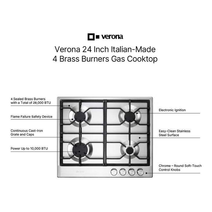 Verona VDGCT424FSS 24 inch Italian-Made Gas Cooktop with 4 Brass Burners and Continuous Cast Iron Grates in Stainless Steel