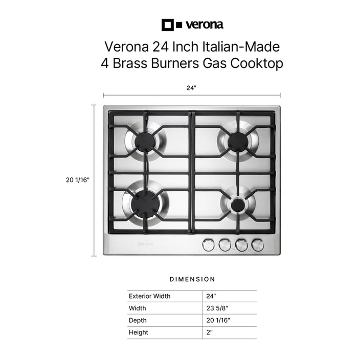 Verona VDGCT424FSS 24 inch Italian-Made Gas Cooktop with 4 Brass Burners and Continuous Cast Iron Grates in Stainless Steel