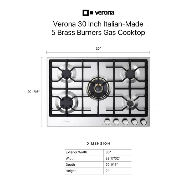 Verona VDGCT530FSS 30 inch Italian-Made Gas Cooktop with 5 Brass Burners and Continuous Cast Iron Grates in Stainless Steel