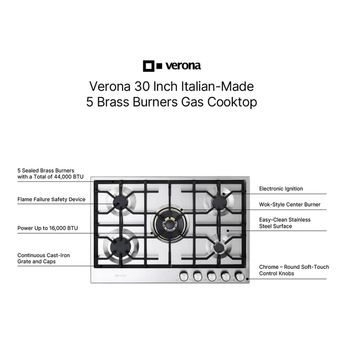 Verona VDGCT530FSS 30 inch Italian-Made Gas Cooktop with 5 Brass Burners and Continuous Cast Iron Grates in Stainless Steel