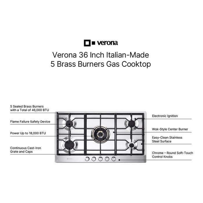 Verona VDGCT536FSS 36 inch Italian-Made Gas Cooktop with 5 Brass Burners and Continuous Cast Iron Grates in Stainless Steel