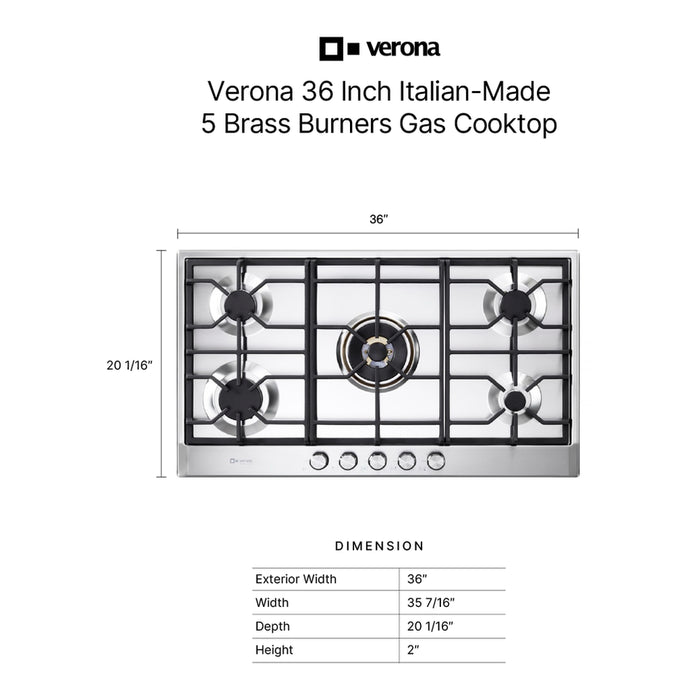 Verona VDGCT536FSS 36 inch Italian-Made Gas Cooktop with 5 Brass Burners and Continuous Cast Iron Grates in Stainless Steel