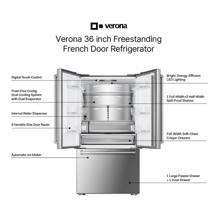 Verona VEBFD3620WIFS 36 inch French Door Counter-Depth Refrigerator with 20.2 cu. ft. Total Capacity, Internal Water Dispenser, Automatic Ice Maker in Stainless Steel