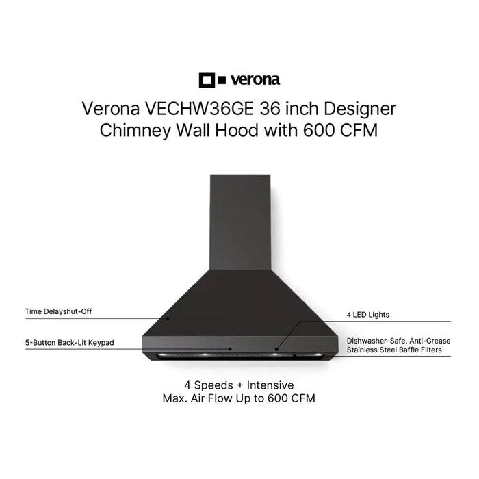 Verona 36 Inch Designer Chimney Wall Range Hood with 600 CFM, 4 Fan Speeds