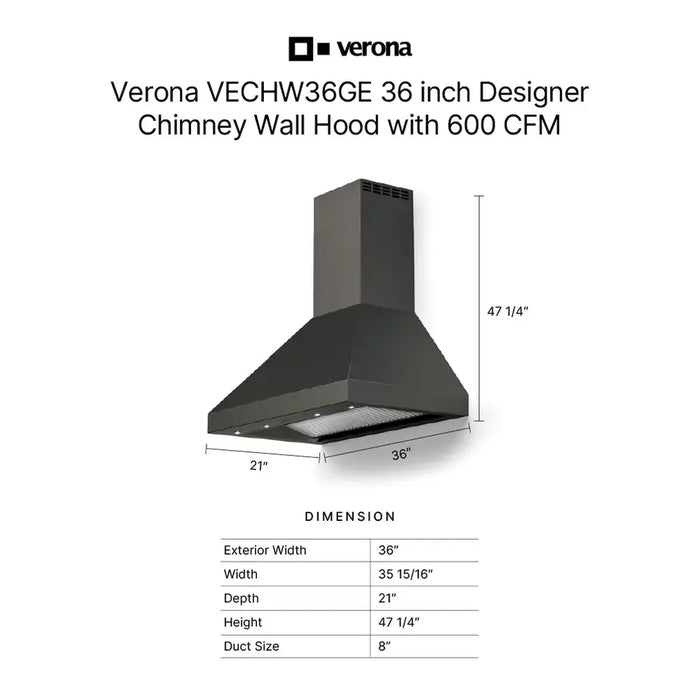 Verona 36 Inch Designer Chimney Wall Range Hood with 600 CFM, 4 Fan Speeds