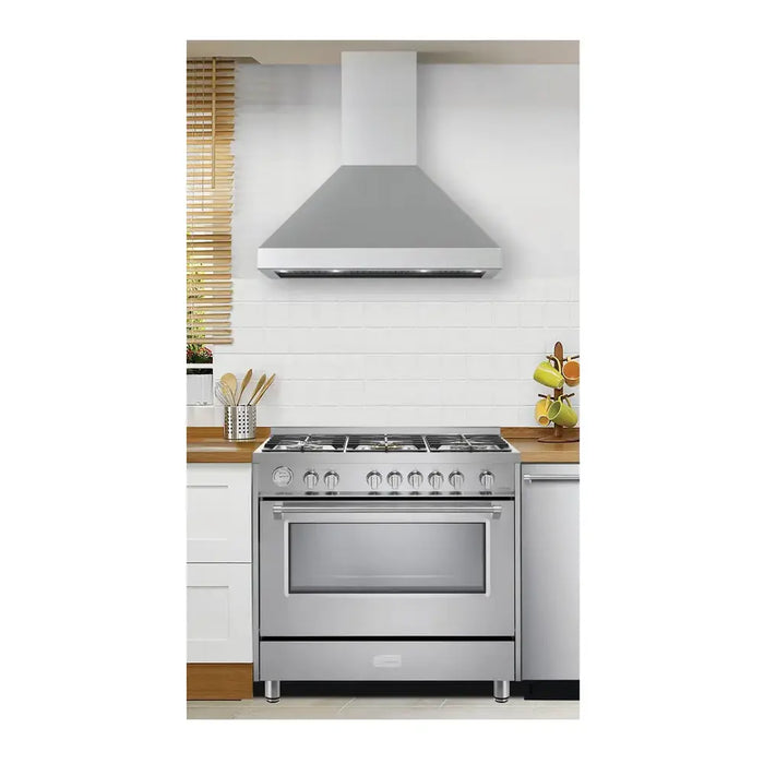Verona 36 Inch Designer Chimney Wall Range Hood with 600 CFM, 4 Fan Speeds